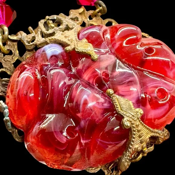 Vintage Art Deco Czech(?) Red Art Glass & Crystal Brass Necklace - Picture 5 of 12